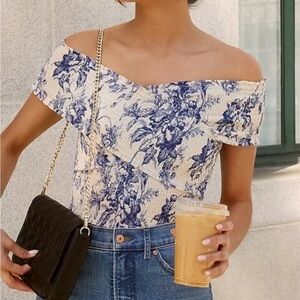 Express Blue and Cream Off-Shoulder Blouse
